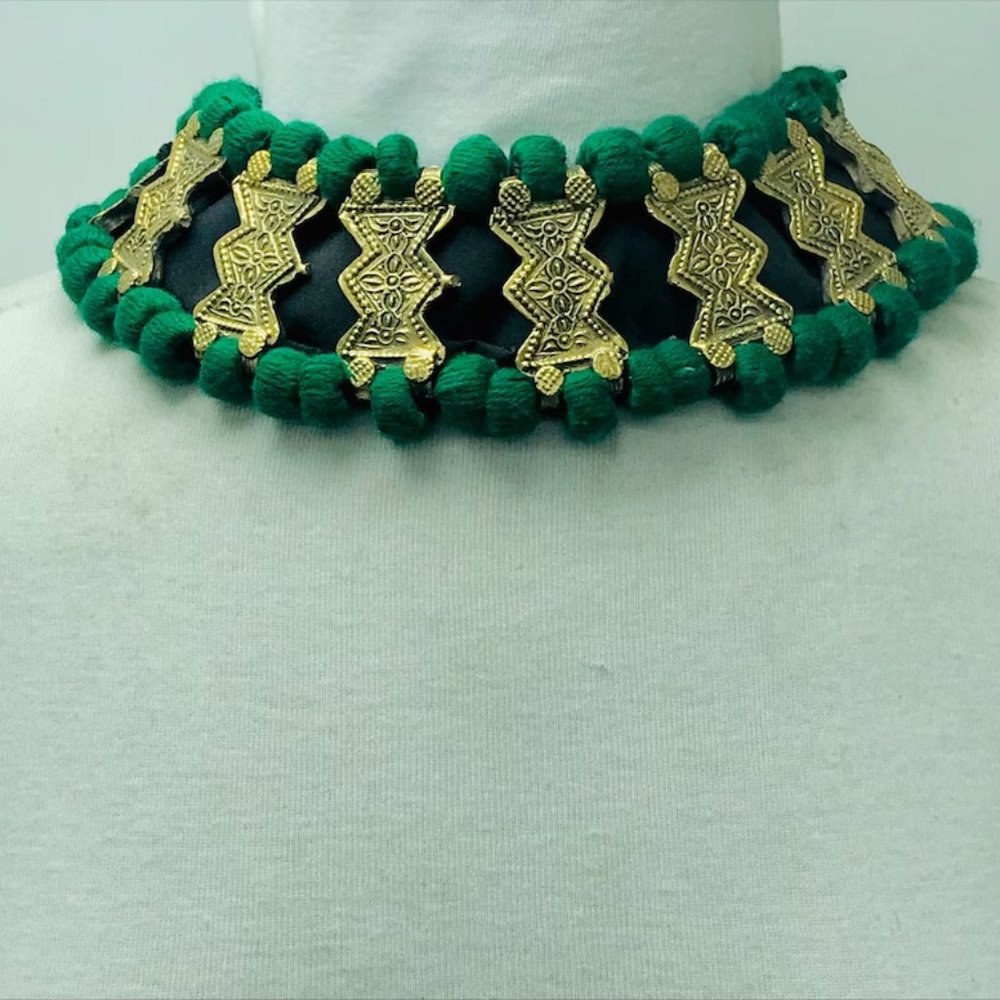 Vintage Afghan Choker: Handmade Tribal Green Wool & Metal Necklace